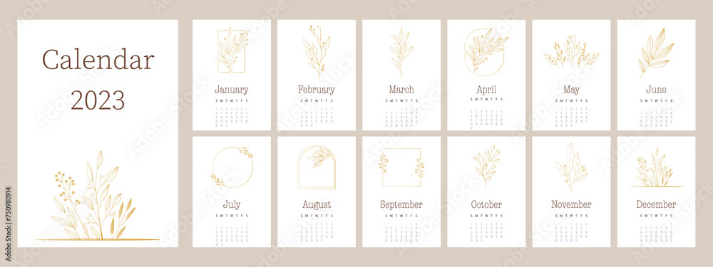 Naklejka premium Flat calendar for 2023. Calendar design concept with flowers and leaves and gold. Set from 12 months. Botanical theme...