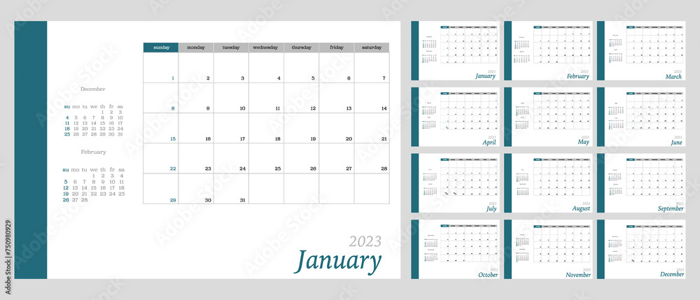 Flat calendar for 2023 and 2024. The week starts on Sunday. Wall calendar in a minimalist style on a light gray background. In green color... Flat calendar for 2023 and 2024. The week starts on Sunday. Wall calendar in a minimalist style on a light gray background. In green color...