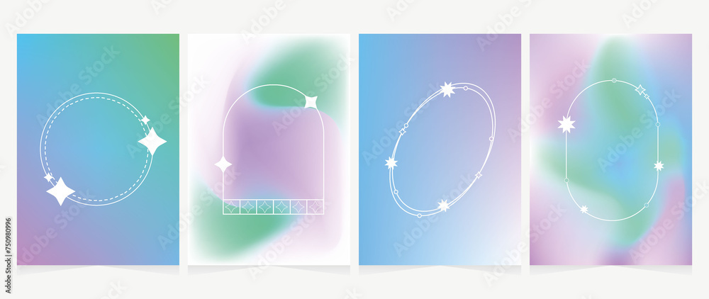 Set of flat gradients. In blue-violet colors. Posters with frames and stars. Suitable for flyers, covers, wallpapers, screensavers, branding and other projects...