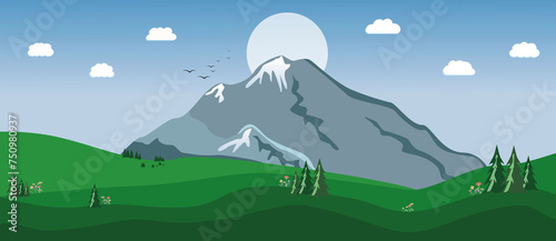 Flat illustration. Mountain landscape. Summer panorama with beautiful nature  green fir trees  flowers  mountains  birds  clouds and sun. Horizontal panorama...