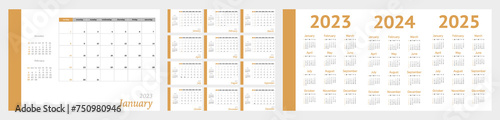 Flat calendar for 2023, 2024, 2025. Diary-planner in a minimalist style. Corporate and business calendar. 2023 calendar in minimal table and mustard event planner, week starts on sunday...