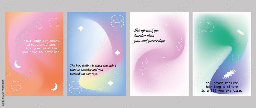 Flat set of posters. Minimal layout with bright gradient blur. Cute posters with geometric shapes. Modern design of invitations, wallpapers for social networks, posters, banners, flyers...