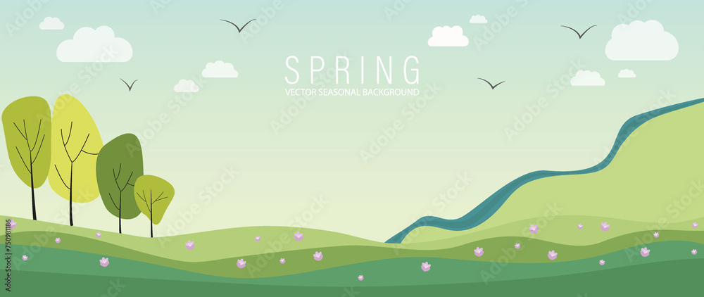 Flat illustration. Rural landscape. Spring season banner. A beautiful view of the field, flowers, trees, mountain, river, clouds and birds. A natural background that will decorate your covers... - obrazy, fototapety, plakaty 