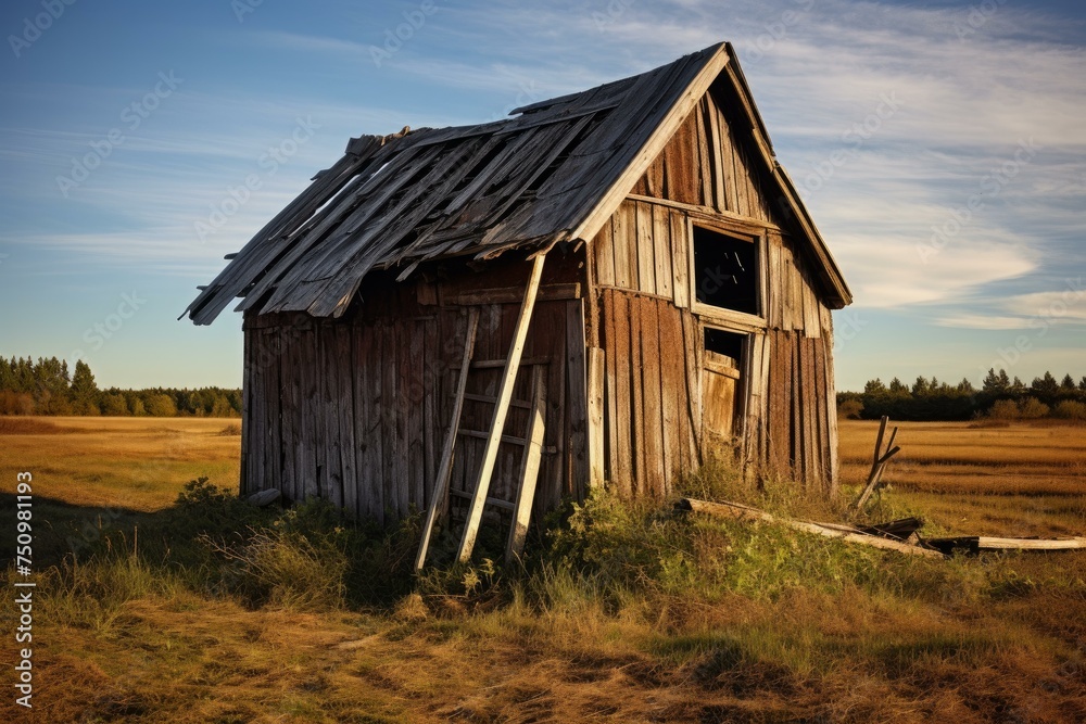 Shack wooden old pallets green grass. Cabin hut scene poor home. Generate Ai Shack wooden old pallets green grass. Cabin hut scene poor home. Generate Ai