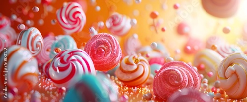 A whimsical assortment of vibrant candies and lollipops with sprinkles  floating on a dreamy  bokeh-lit backdrop.