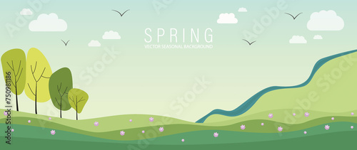 Flat illustration. Rural landscape. Spring season banner. A beautiful view of the field, flowers, trees, mountain, river, clouds and birds. A natural background that will decorate your covers...