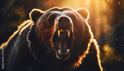 Closeup portrait of roaring bear, dramatic light, blurred background photo