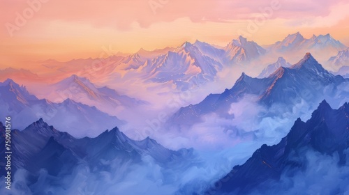 Vibrant Sunset Over Mountain Peaks With Watercolor Aesthetic at Dusk