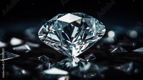 A solitary diamond shines brilliantly amidst smaller gem fragments on a reflective dark surface  exuding luxury and rarity.