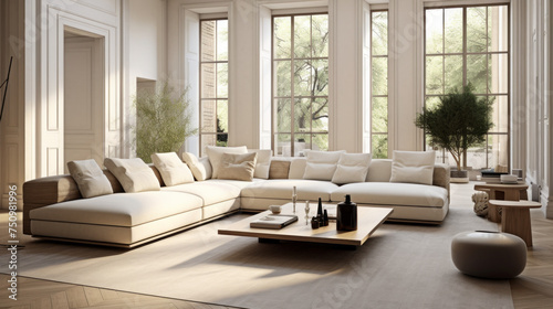 A spacious living room featuring customizable furniture and neutral tones