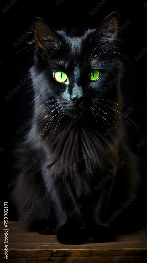 Portrait of a Glossy Black Cat with Bright Green Eyes Displaying a Regal Demeanor