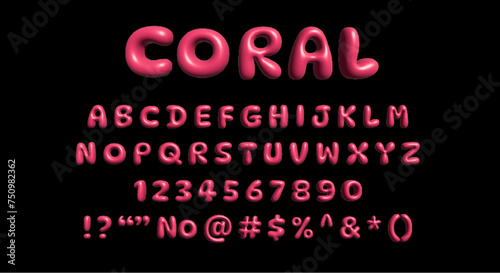 3D letters in Y2K style in pink/coral color, on a black background. Playful design inspired by inflated balloon letters from the 2000s or 90s. photo