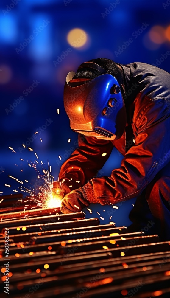 Close up of professional welding on medium sized pipe with blue light background for text placement Close up of professional welding on medium sized pipe with blue light background for text placement