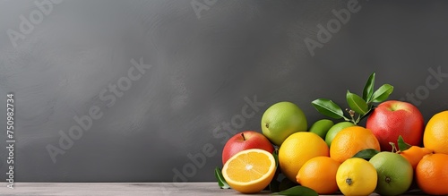 A variety of citrus fruits including tangerines, lemons, limes, oranges, and grapefruits are neatly arranged in a pile on top of a gray table against a gray wall. The fruits are fresh and vibrant