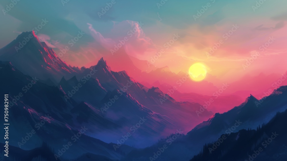 Majestic Sunset Over Serene Mountain Peaks With Vibrant Skies
