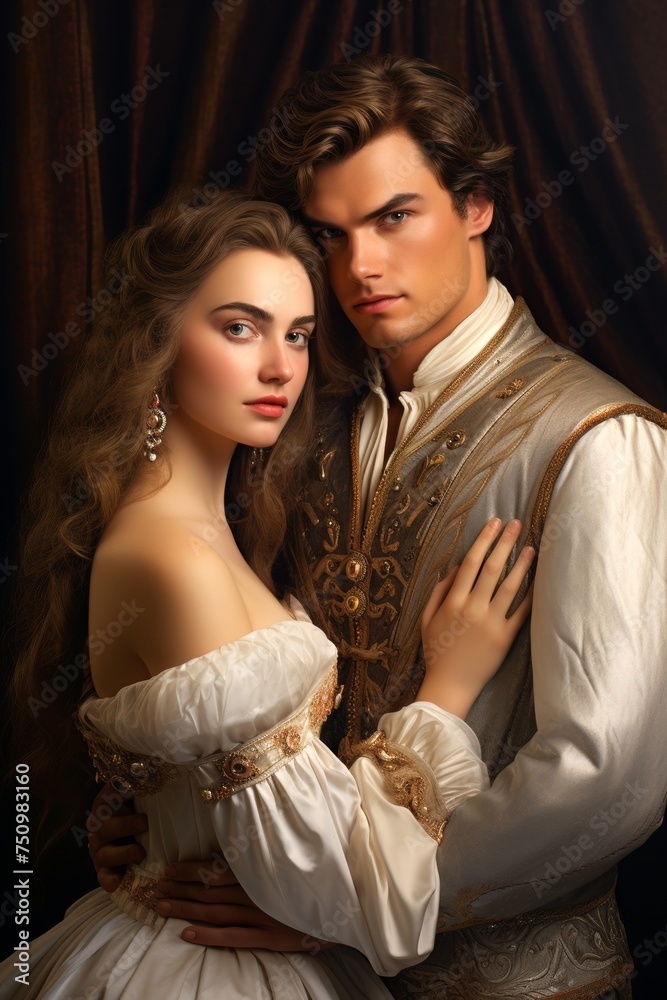 Romantic couple in historical attire embracing tenderly. Man and woman. Prince and lady. Concept of period romance, historical drama, royal love story. Cover for women's romance novel. Vertical.
