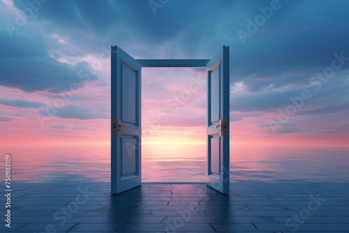 Open door leading out to serene ocean at dusk. Concept of calmness, dreams, relaxation, freedom, adventure, journey, new beginnings, the unknown, mystery, exploration, limitless possibilities.
