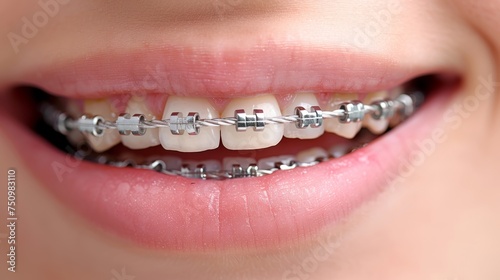 Close up of dental braces, orthodontic treatment for straightening teeth, detailed procedure view.