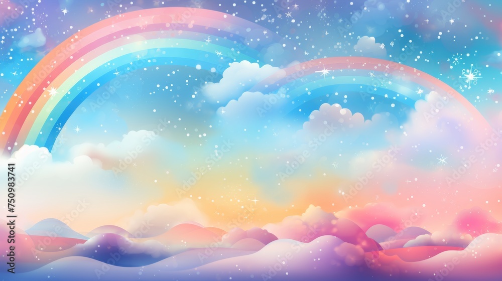 Pastel Sky Over Fluffy Clouds With Rainbow at Twilight