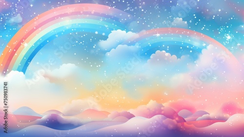 Pastel Sky Over Fluffy Clouds With Rainbow at Twilight © AndErsoN