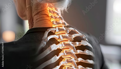 Woman experiencing back pain, highlighted spine in digital composite, seeking relief at home