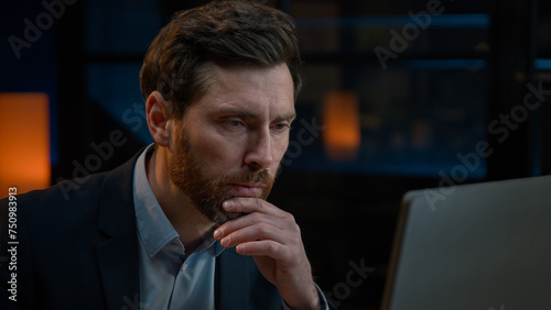 Smart thoughtful adult man Caucasian businessman chief middle-aged entrepreneur leader thinking business plan create new idea searching solution pondering dreaming alone indoors close-up male portrait