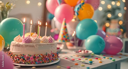 Birthday Cake Surrounded by Balloons on Table Celebration of Joyous Occasion with Colorful Decor photo