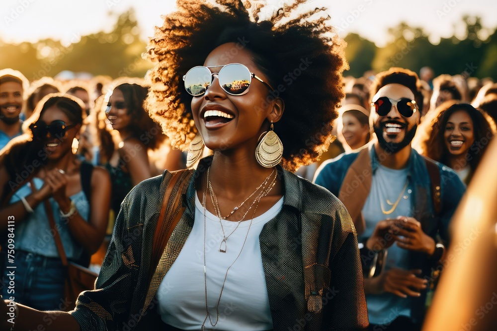 Fototapeta premium a high quality stock photograph of a Young black woman dancing in the crowd at outdoor music festival, golden hour