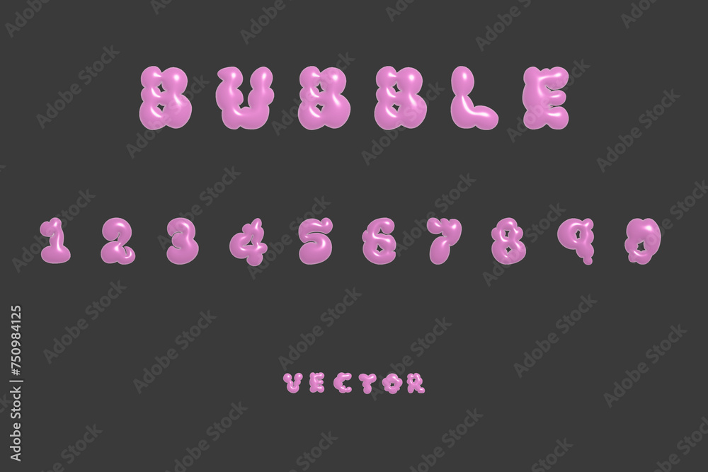 3D bubble font alphabet numbers in y2k style. Pink inflated type text isolated on dark grey background. Vector realistic