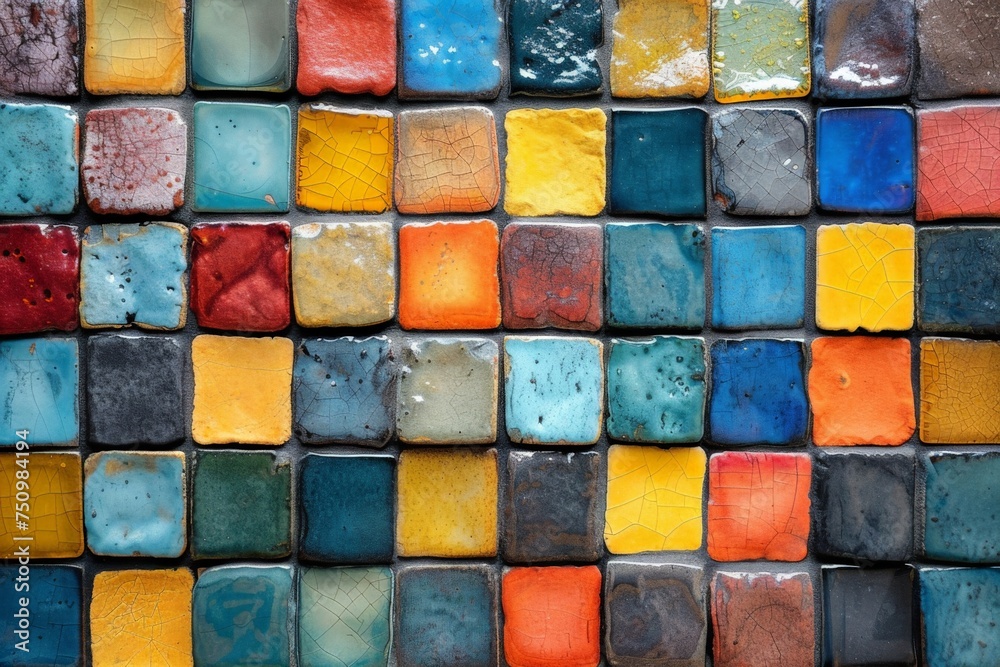 Vibrant Square Pattern of Colorful Ceramic Tiles with Various Paint Colors