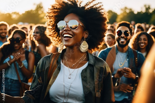 a high quality stock photograph of a Young black woman dancing in the crowd at outdoor music festival, golden hour photo