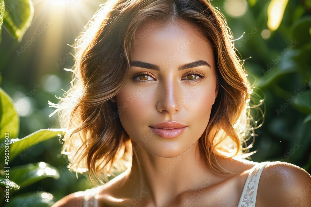 Woman radiating natural beauty, engaging eyes, subtle smile, sun-kissed skin, wind tousled hair, soft glow, backlit by the golden hour sun, bokeh background, vibrant greenery surrounds Woman radiating natural beauty, engaging eyes, subtle smile, sun-kissed skin, wind tousled hair, soft glow, backlit by the golden hour sun, bokeh background, vibrant greenery surrounds