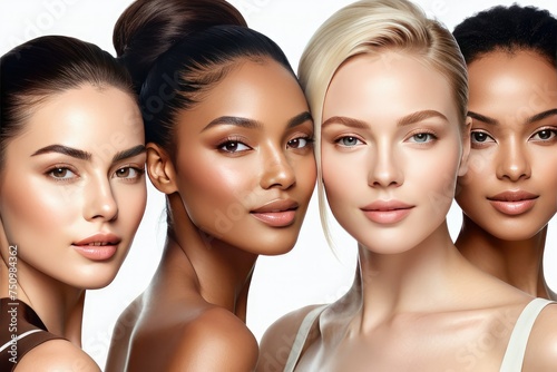 Diverse group of beautiful women, natural beauty emphasized, glowing smooth skin, array of skin tones, each capturing a unique poise and tranquility, backdrop with soft diffuse lighting