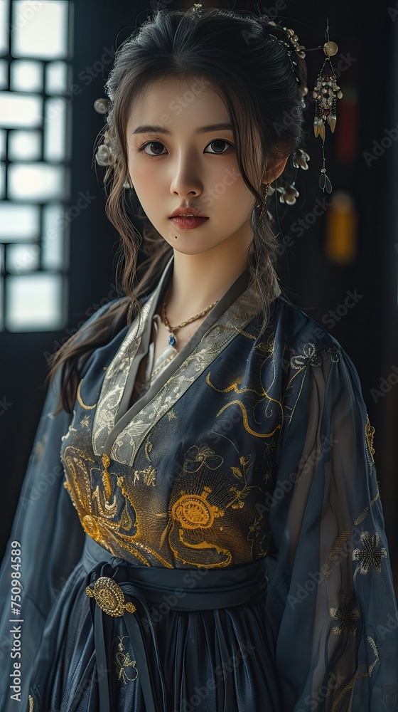 beautiful korean young woman wearing traditional dress Hanbok from Korea in front of the church