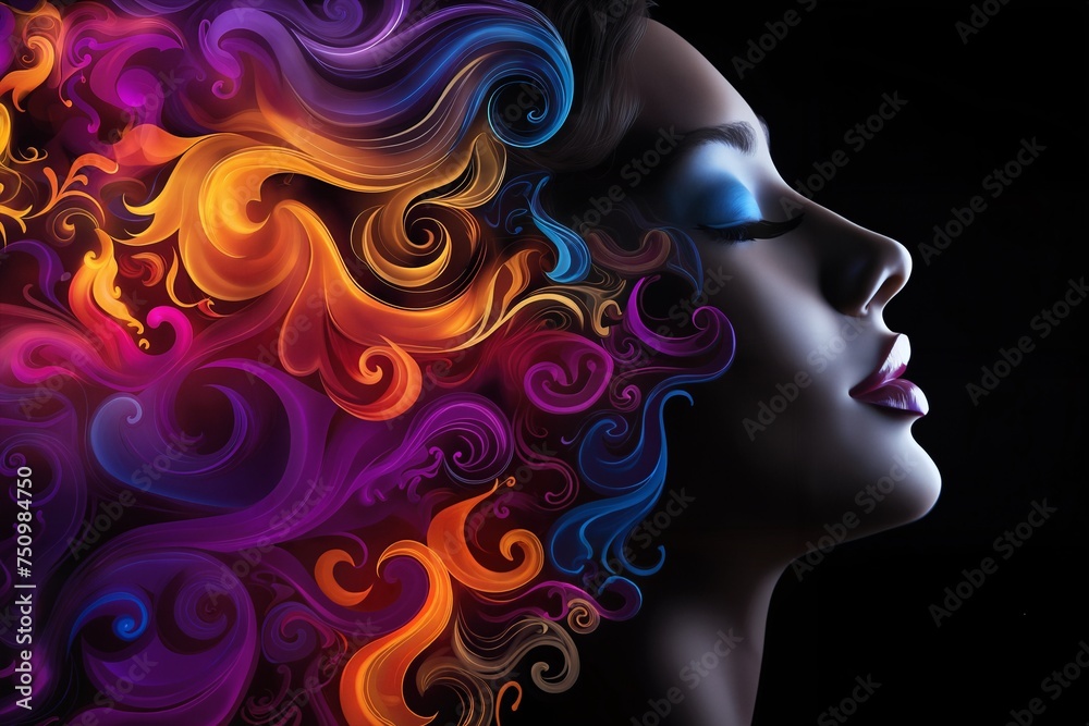 A girl's face surrounded by abstract color shapes of smoke on a dark background