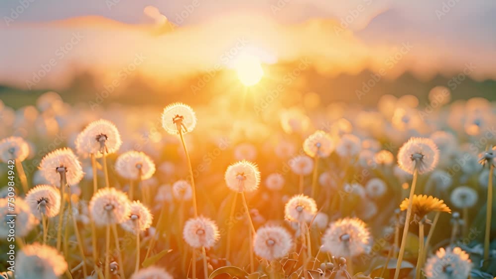 Dandelion field in beautiful colorful sunset. Fluffy dandelions glow in the rays of sunlight at sunset in nature on a meadow. Beautiful dandelion flowers in spring in a field close-up in the golden ra