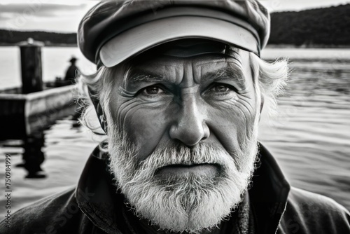 Weather-beaten face of a seasoned fisherman, deep creases etched by the sea, piercing eyes capturing attention, white beard, fisherman's hat atop his head, softly blurred dock