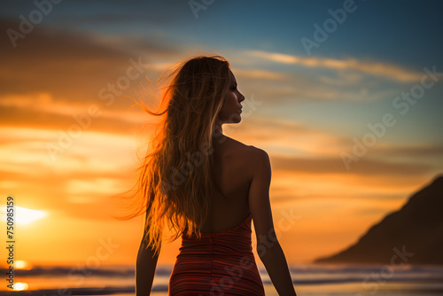 Young beautiful woman in red swimsuit standing on the beach at sunset © D