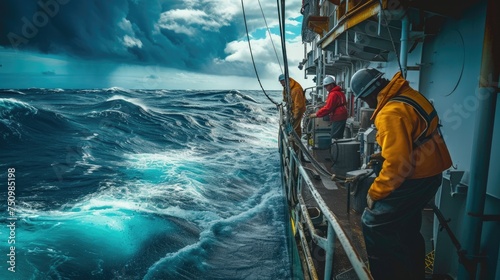 A rugged fishing boat cuts through turbulent ocean waves under a dramatic overcast sky, showcasing the resilience of maritime workers. AIG41 photo
