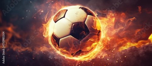 A soccer ball engulfed in flames is soaring through the air with impressive speed and power. The fiery ball is a close-up shot, indicating it was kicked with precision and force, most likely scoring a © pngking