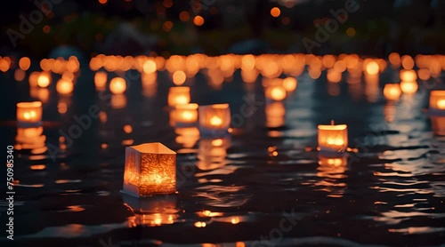 Paper Lanterns Floating on Dark Water Tranquil Evening Scene with Glowing Lanterns Reflecting on Still Waters photo