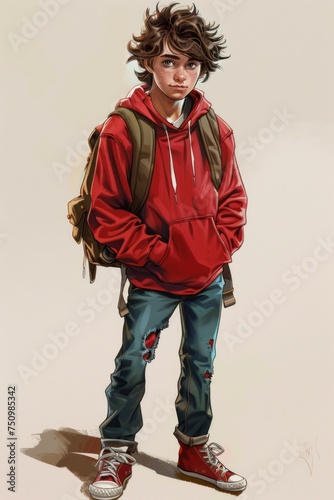 A boy with curly hair, wearing a red hoodie, jeans, red converse sneakers, and a brown backpack stands against a tan background.