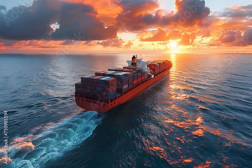 Aerial view of cargo ship with container in the sea at sunset