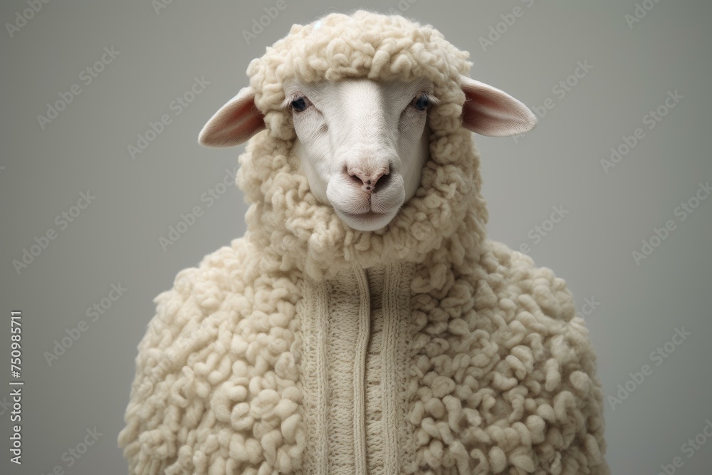 Obraz premium Sheep covered knitwear. Outdoor autumn nature with warm textile animal. Generate Ai