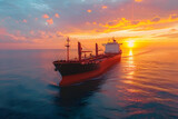 Aerial view of cargo ship in the sea at sunset or sunrise