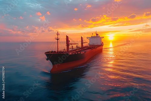 Aerial view of cargo ship in the sea at sunset or sunrise © D