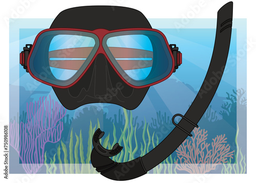 freediving, mask and j-type snorkel with tropical ocean in the background