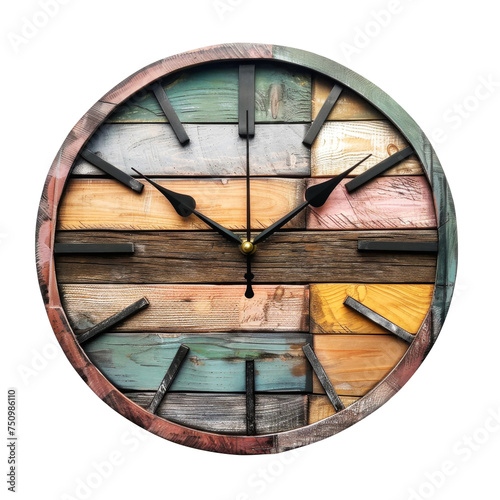 Wooden Colorful Vintage Clock Isolated on White and Png Transparent Background