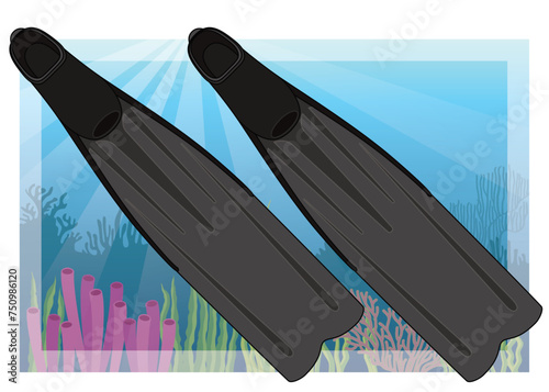 freediving, pair of long blade fins with tropical ocean in the background