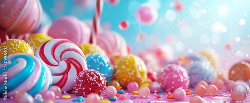 An enchanting collection of colorful candies and lollipops adorned with sprinkles on a dreamy pink bokeh background.